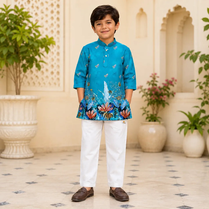 Boys Botanical Landscape Kurta Pajama Set