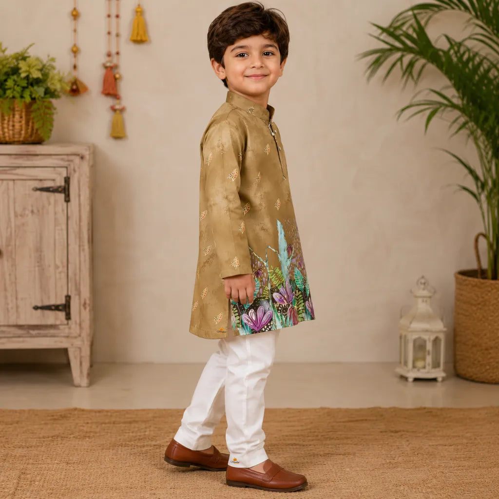 Boys Designer Ethnic Kurta Pajama Set with Botanical Print