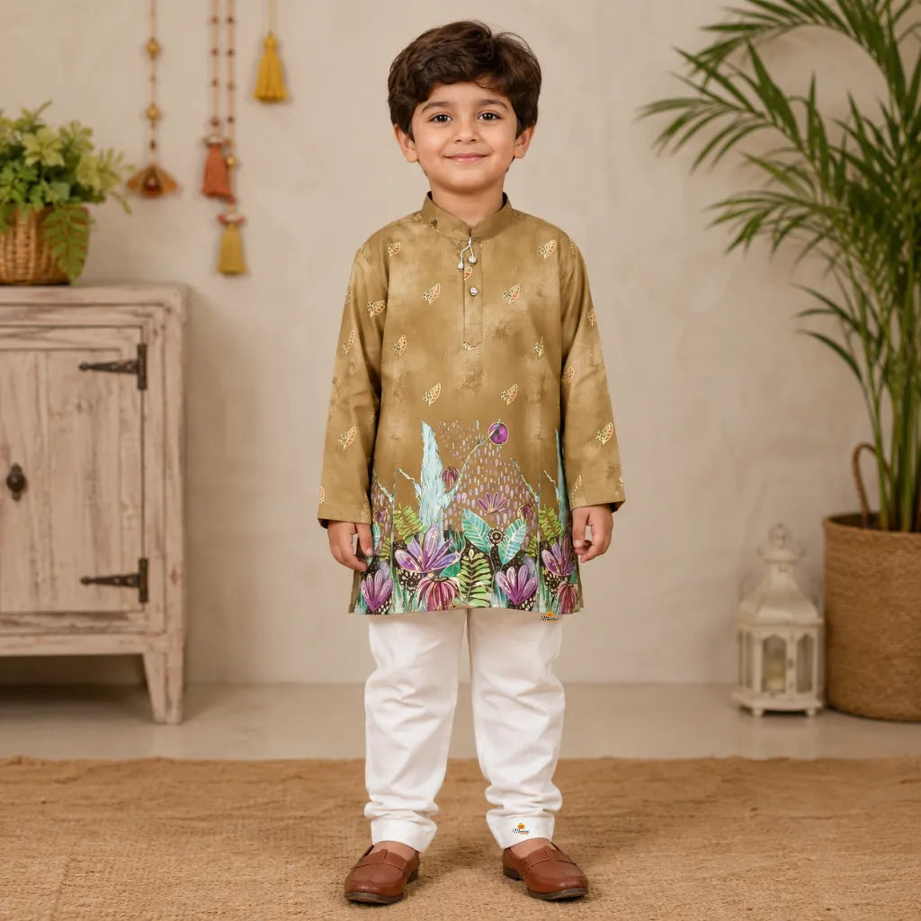 Boys Designer Ethnic Kurta Pajama Set with Botanical Print