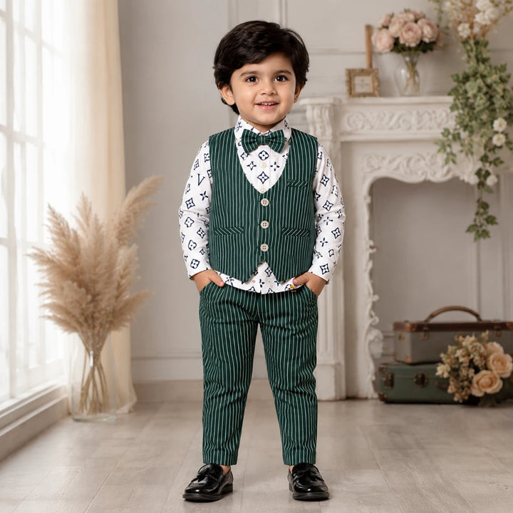 Boys Bottle Green Striped Waistcoat Shirt Trouser Set with Cap