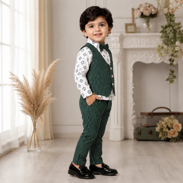 Boys Bottle Green Striped Waistcoat Shirt Trouser Set with Cap