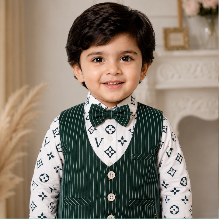 Boys Bottle Green Striped Waistcoat Shirt Trouser Set with Cap