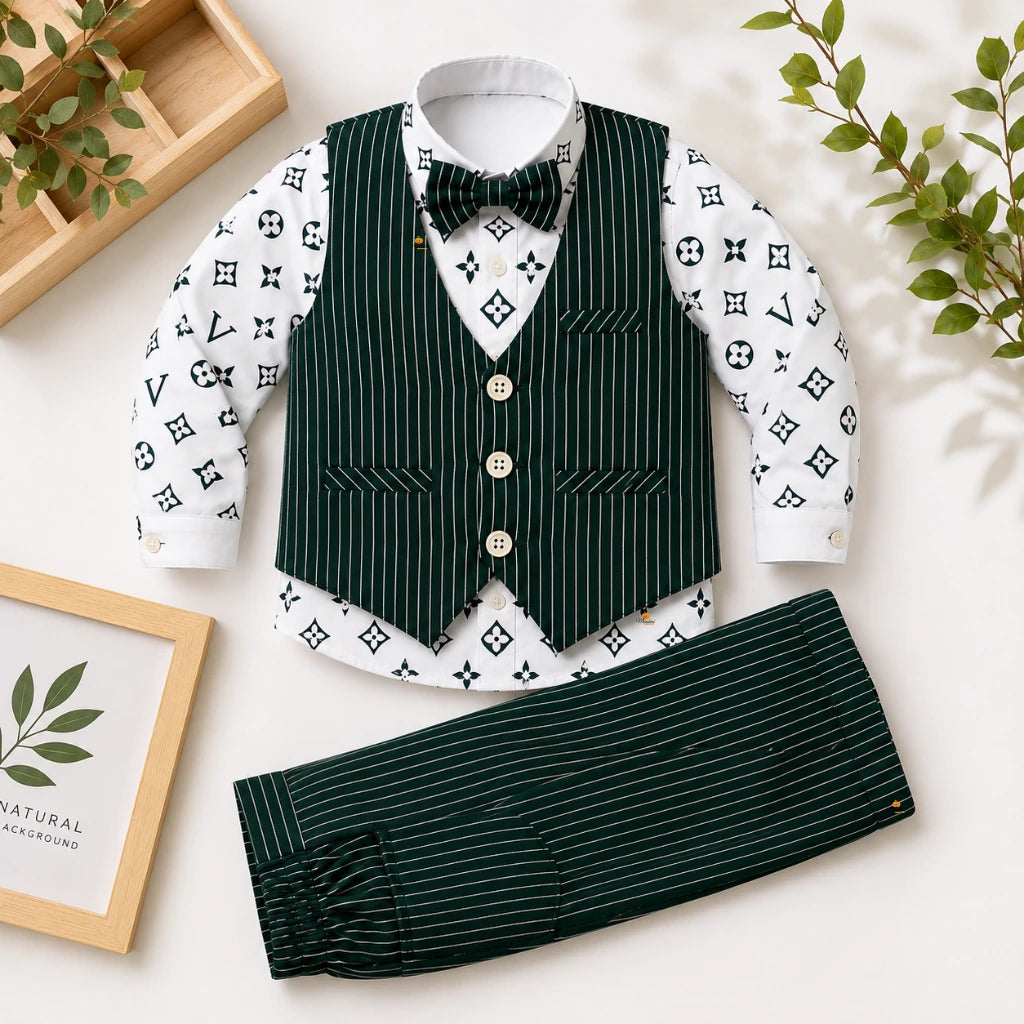 Boys Bottle Green Striped Waistcoat Shirt Trouser Set with Cap
