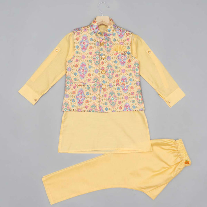 Yellow Printed Boys Kurta Pajama with Jacket Front View