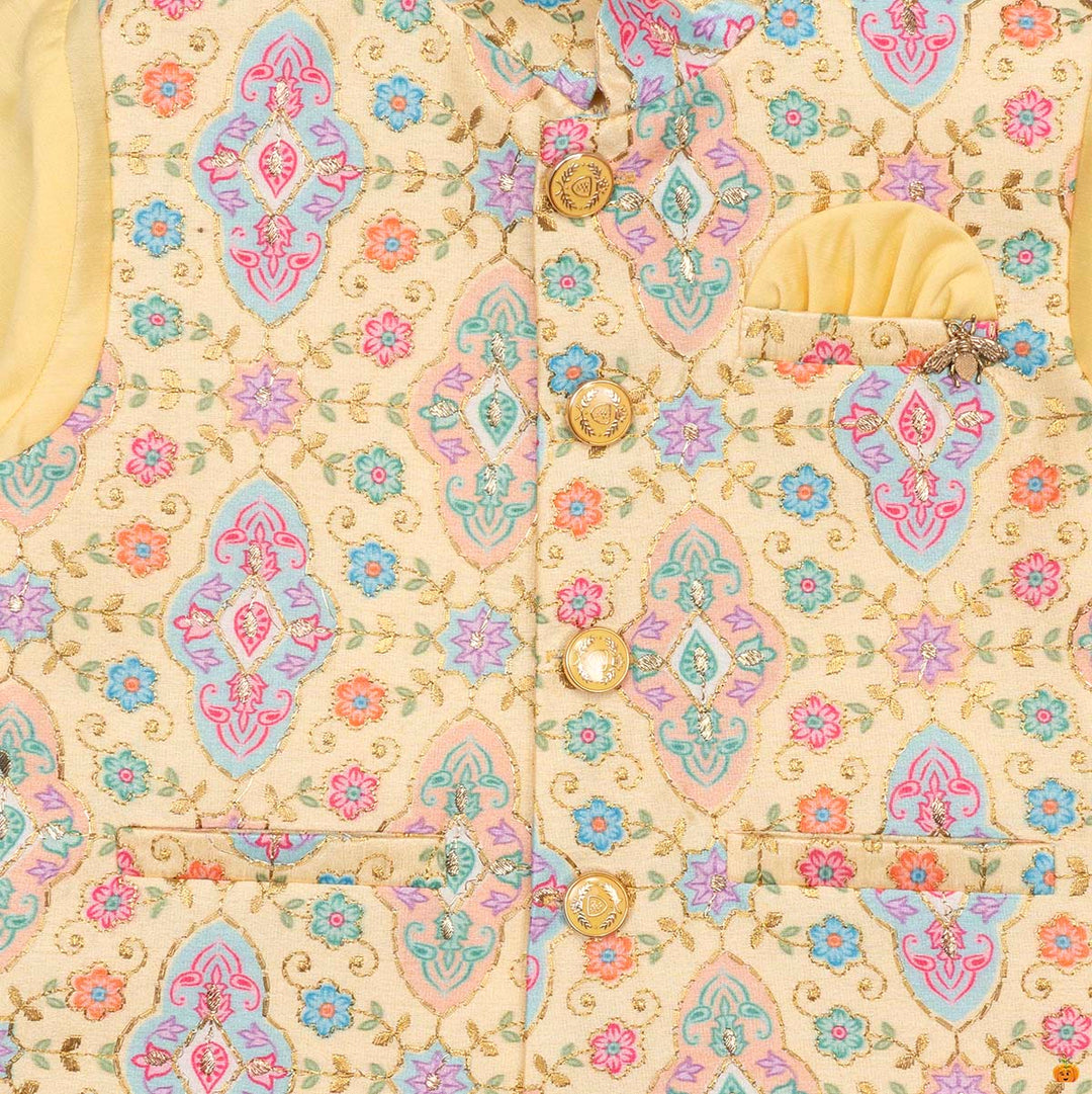 Yellow Printed Boys Kurta Pajama with Jacket Close Up View