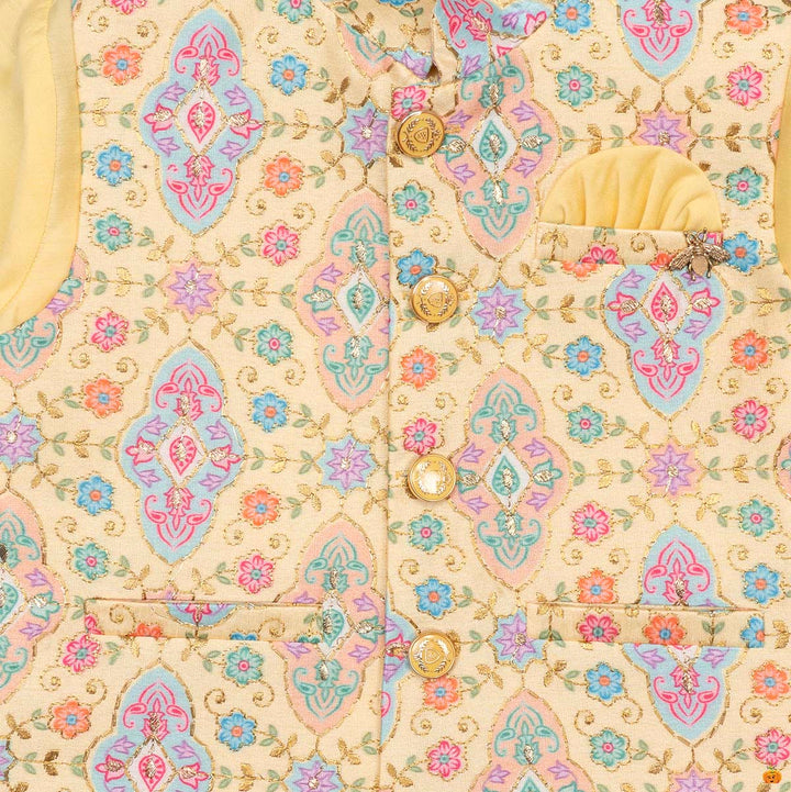 Yellow Printed Boys Kurta Pajama with Jacket Close Up View