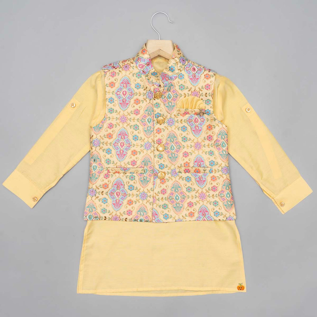 Yellow Printed Boys Kurta Pajama with Jacket Front View