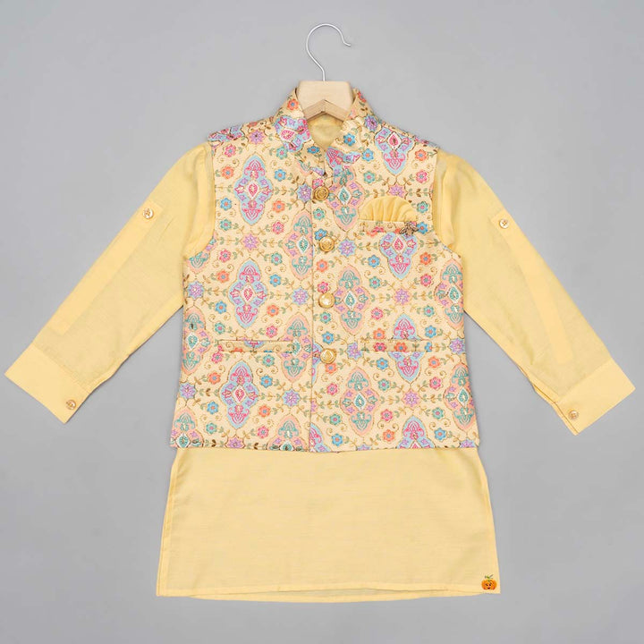 Yellow Printed Boys Kurta Pajama with Jacket Front View