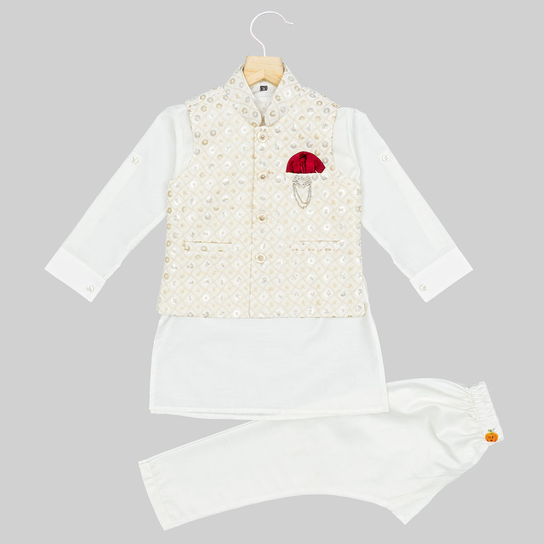 Cream Embroidered Boys Kurta Pajama Front View