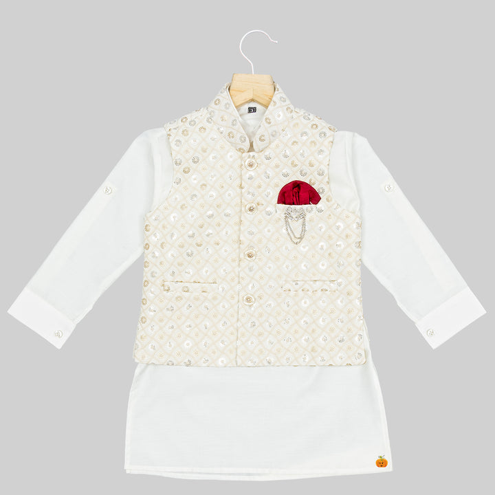 Cream Embroidered Boys Kurta Pajama Top View