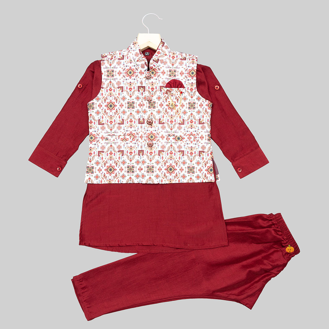 Maroon Boys Kurta Pajama with Printed Jacket Front View