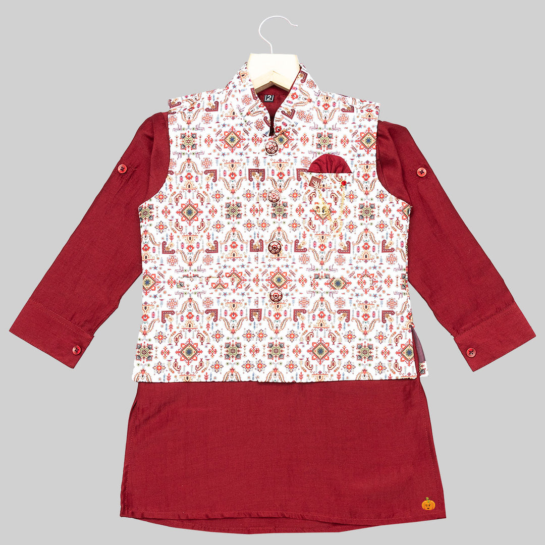 Maroon Boys Kurta Pajama with Printed Jacket Top View