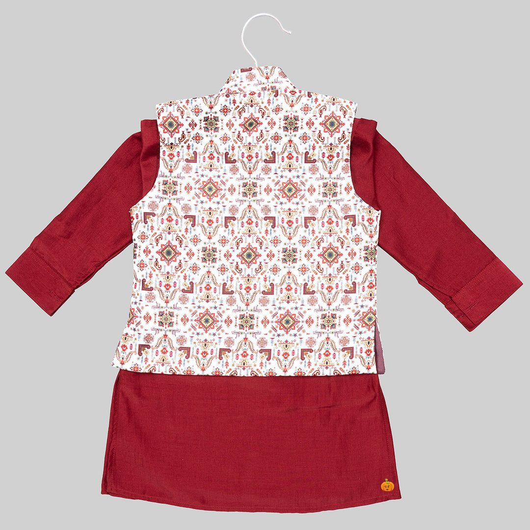Maroon Boys Kurta Pajama with Printed Jacket Back View