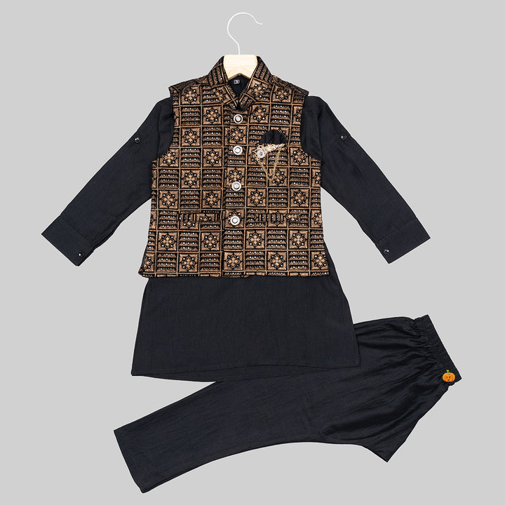 Maroon & Black Embroidered Boys Kurta Pajama Front View