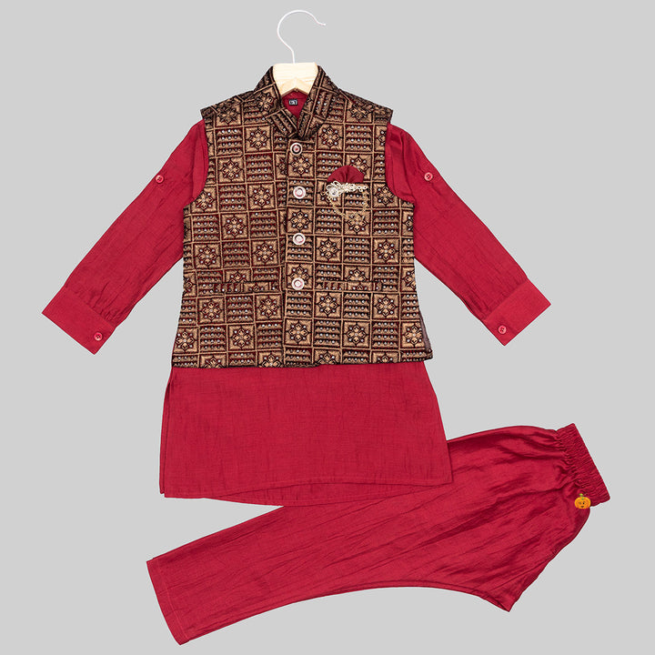 Maroon & Black Embroidered Boys Kurta Pajama Front View