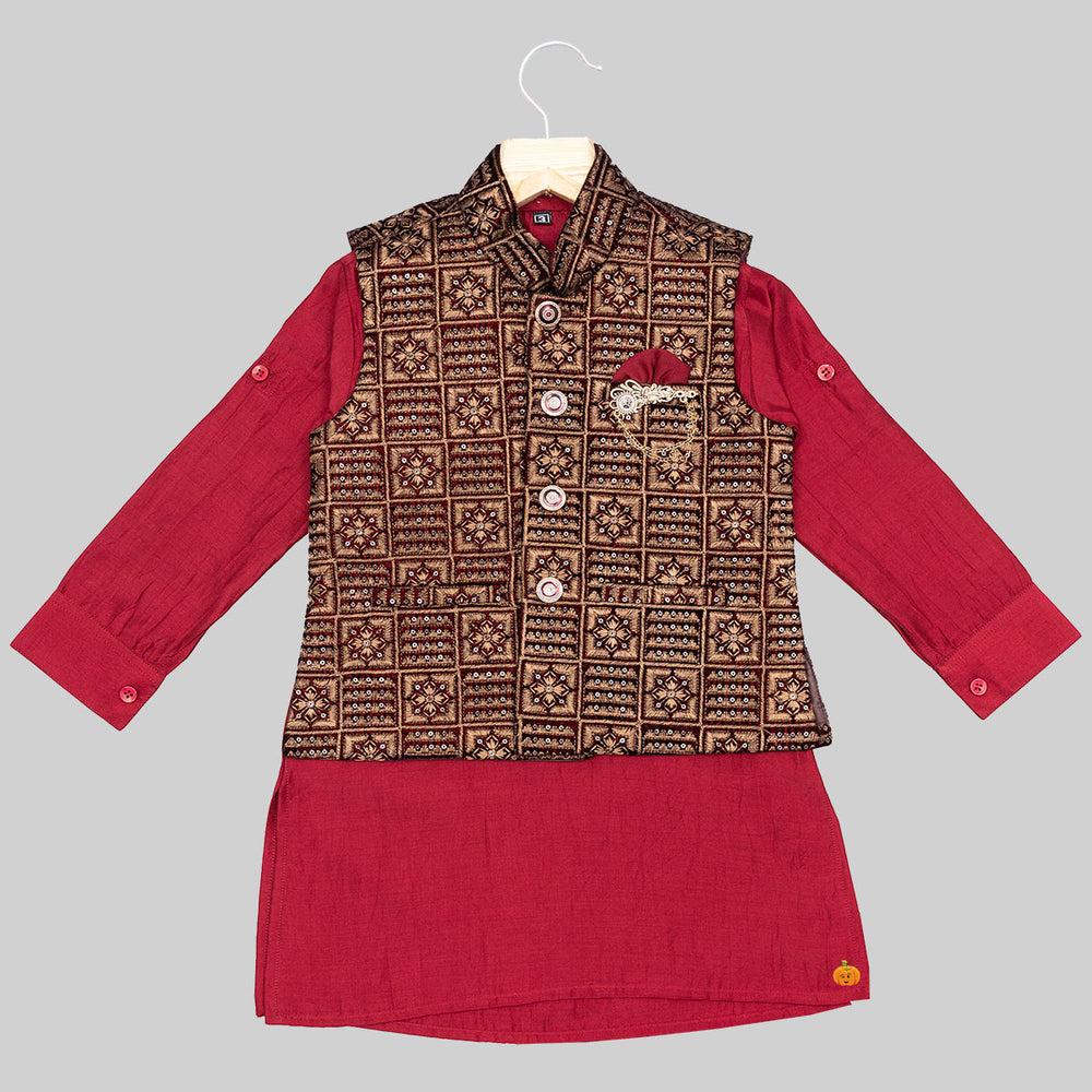 Maroon & Black Embroidered Boys Kurta Pajama Top View
