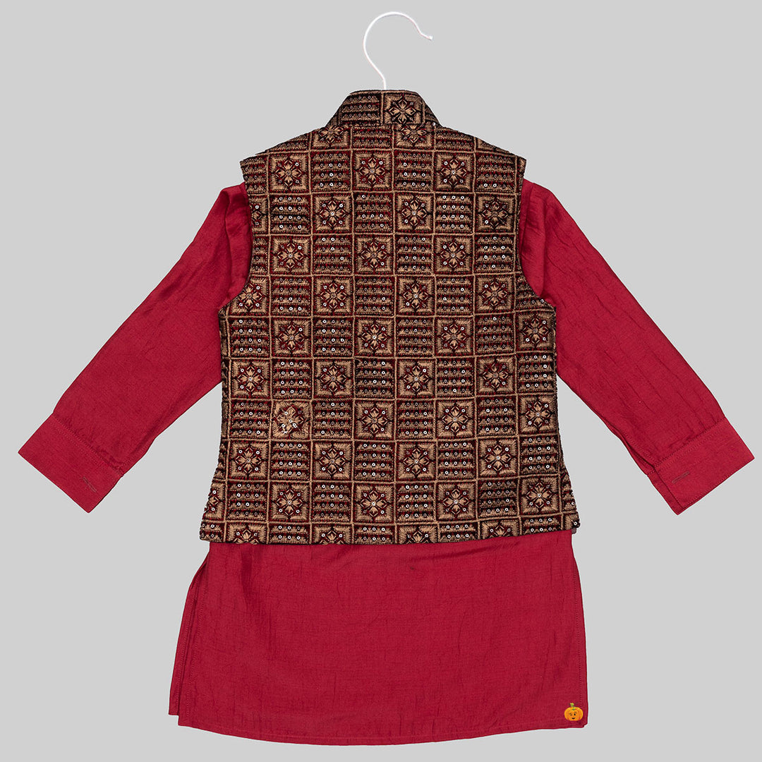 Maroon & Black Embroidered Boys Kurta Pajama Back View