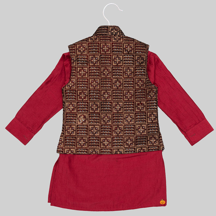 Maroon & Black Embroidered Boys Kurta Pajama Back View