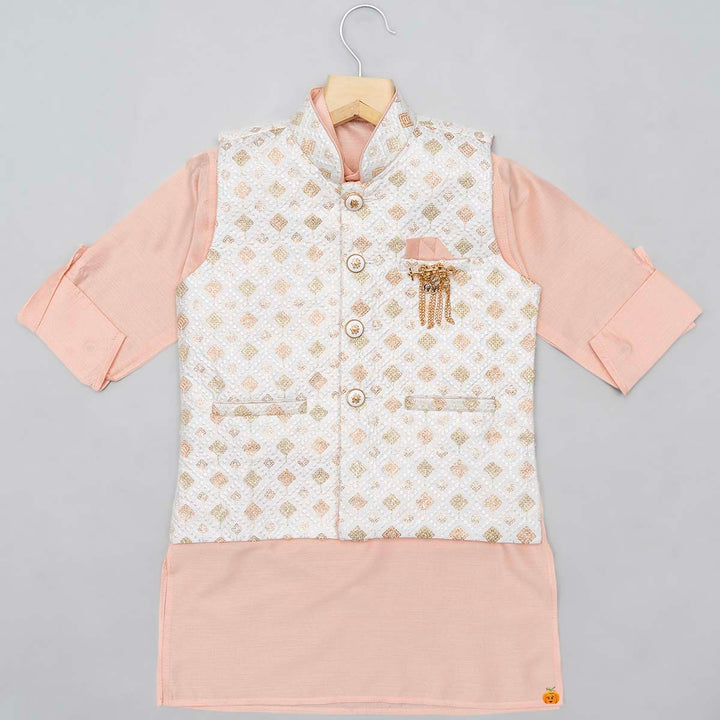 Cream Embroidered Boys Kurta Pajama with Jacket Top View