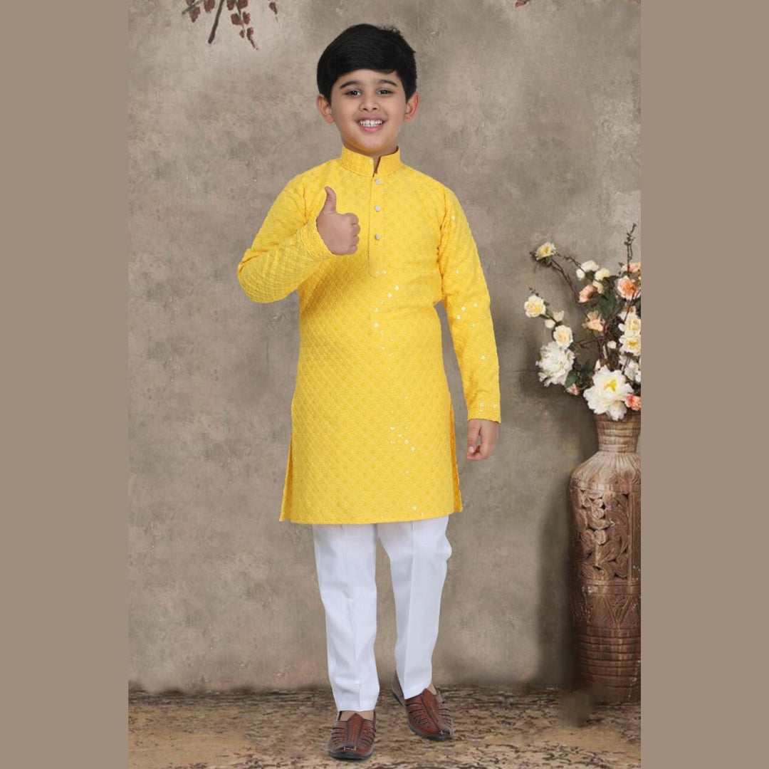 Yellow Sequins Boys Kurta Pajama Front 