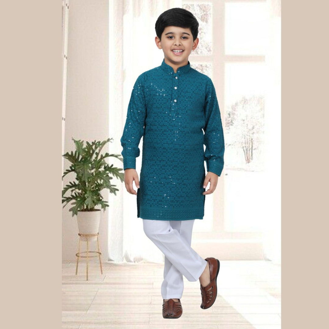 Rama & Black Sequins Boys Kurta Pajama Front 