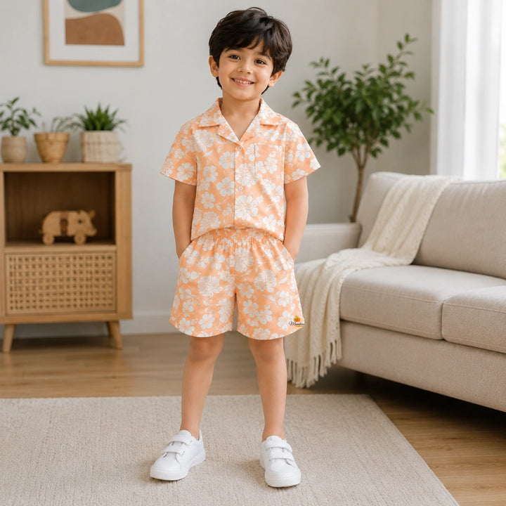 Boys Peach Floral Shirt & Shorts Outfit