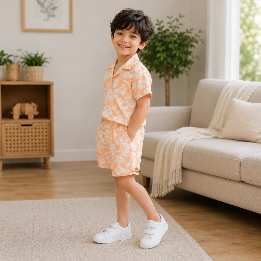 Boys Peach Floral Shirt & Shorts Outfit