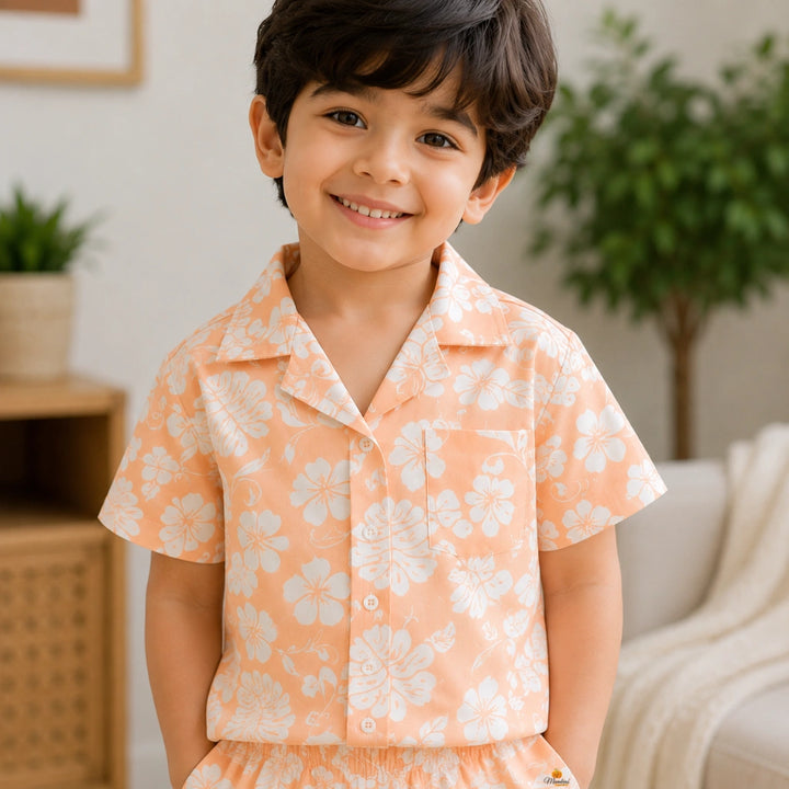 Boys Peach Floral Shirt & Shorts Outfit