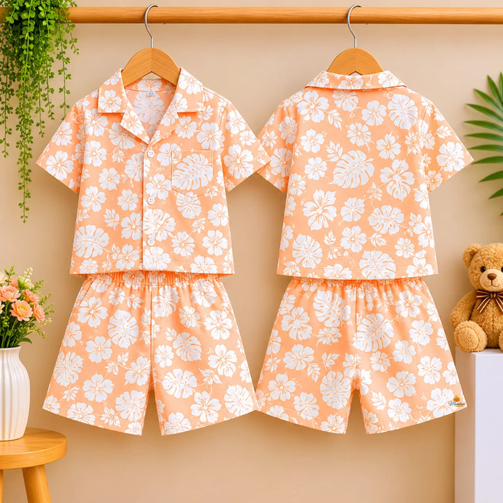 Boys Peach Floral Shirt & Shorts Outfit