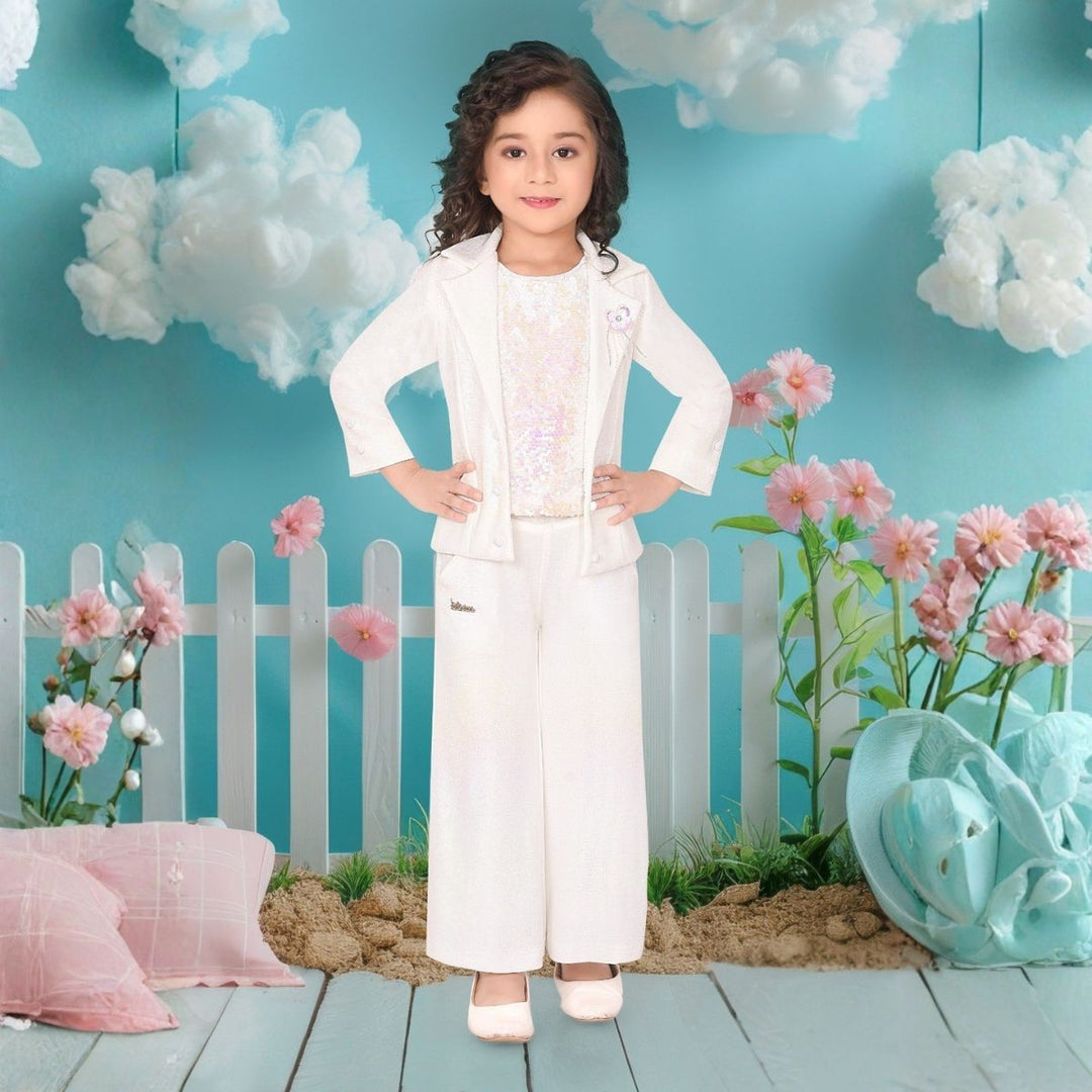Cream Girls Co-ord Set with Jacket & Palazzo Pants