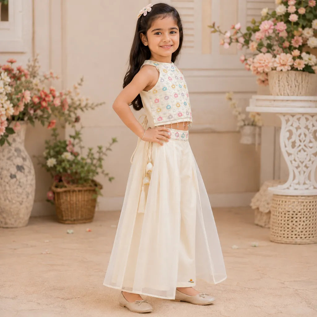 Cream Embroidered Festive Palazzo Choli for Girls