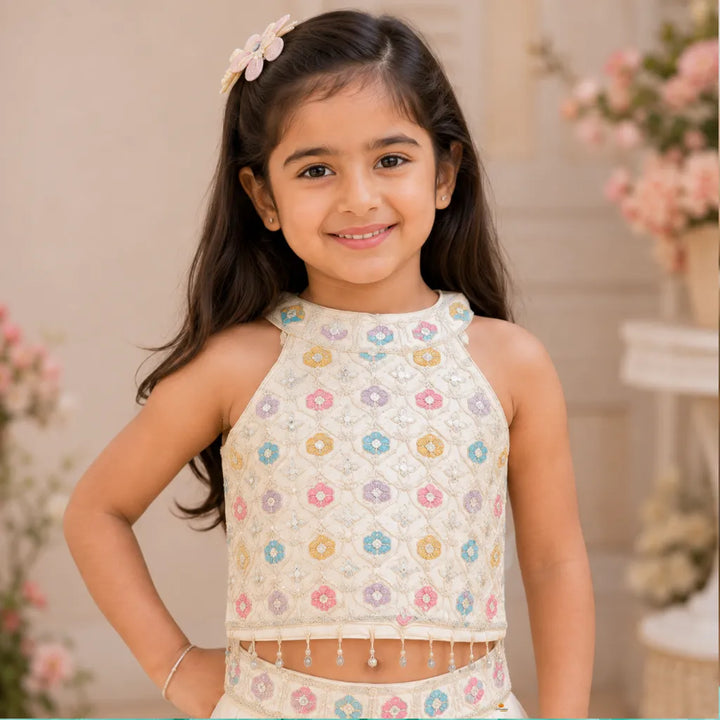 Cream Embroidered Festive Palazzo Choli for Girls