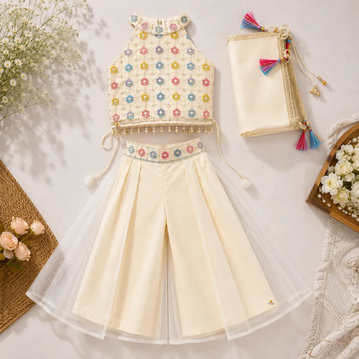 Cream Embroidered Festive Palazzo Choli for Girls