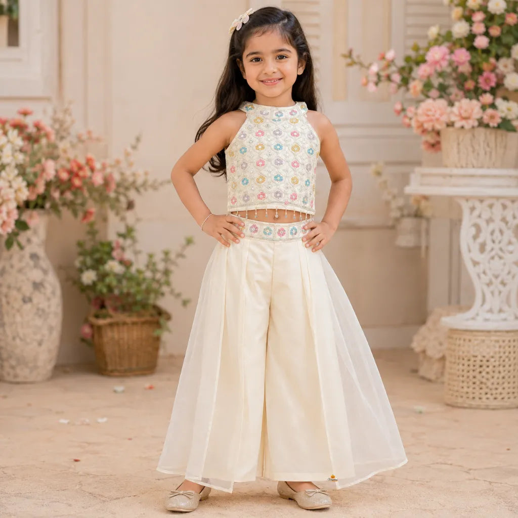 Cream Embroidered Festive Palazzo Choli for Girls