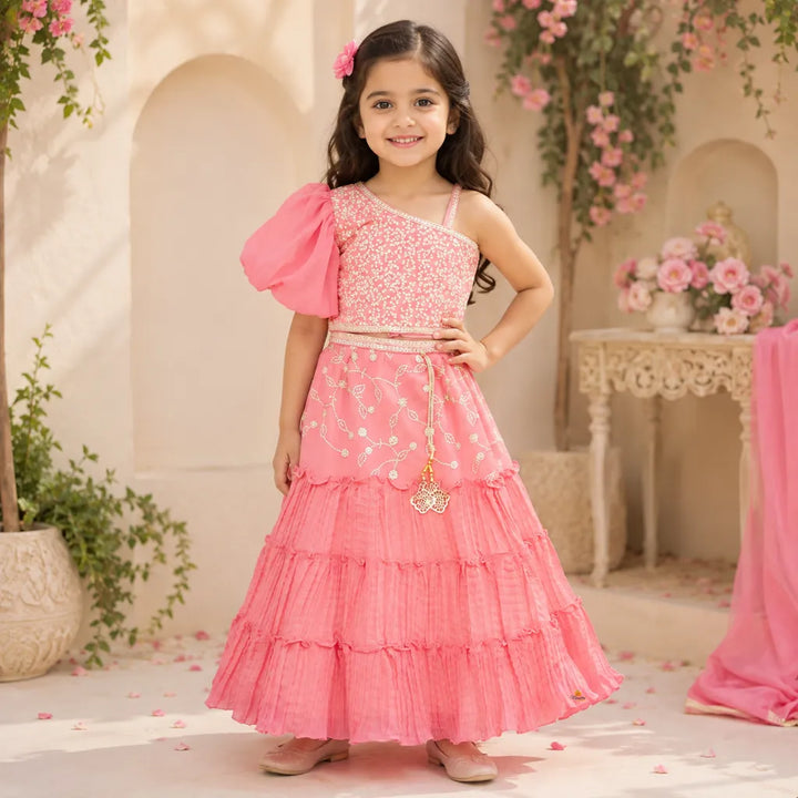 Tomato Sequin Girls Lehenga Choli