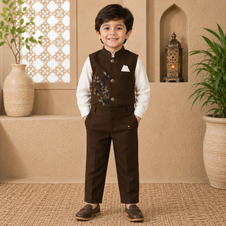Boys Dark Brown Embroidered Waistcoat Shirt Trouser Set