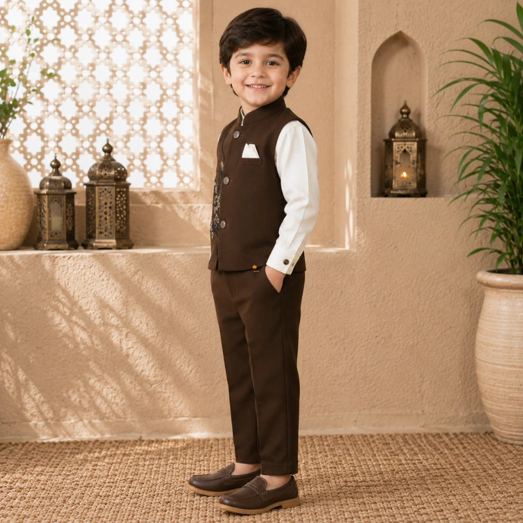 Boys Dark Brown Embroidered Waistcoat Shirt Trouser Set