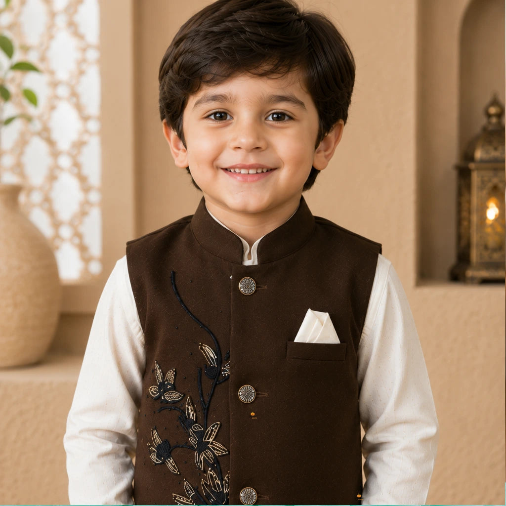 Boys Dark Brown Embroidered Waistcoat Shirt Trouser Set