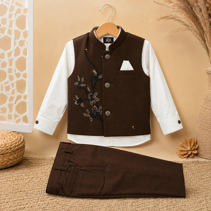 Boys Dark Brown Embroidered Waistcoat Shirt Trouser Set