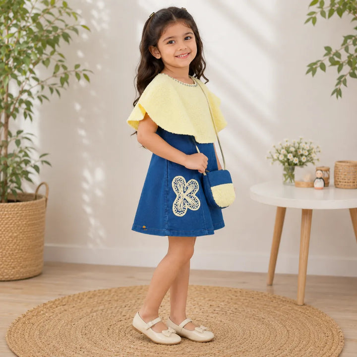 Girls Denim Butterfly Dress with Matching Sling Bag
