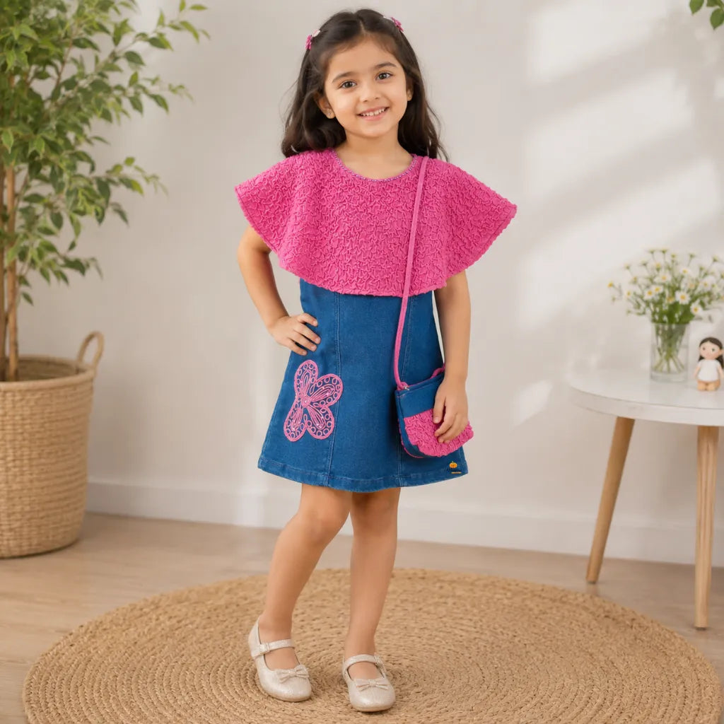 Girls Denim Butterfly Dress with Matching Sling Bag