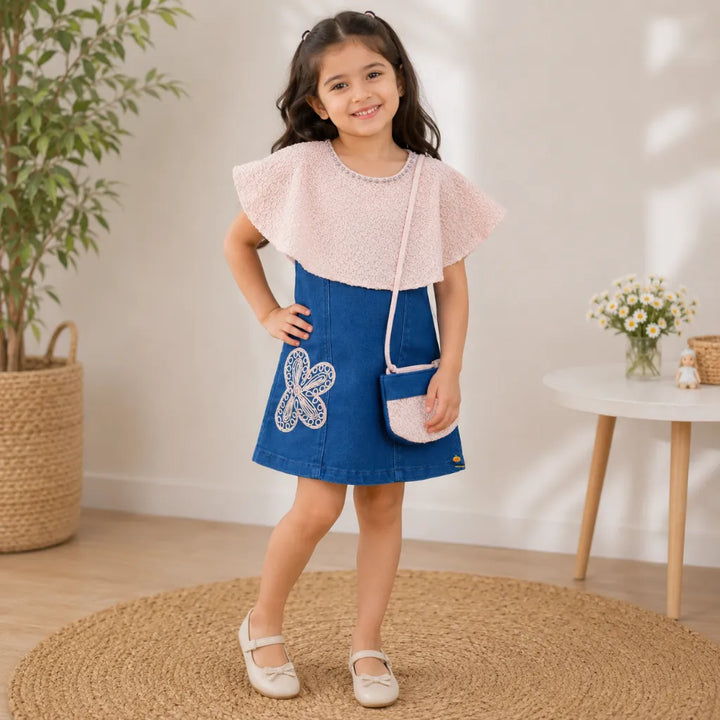 Girls Denim Butterfly Dress with Matching Sling Bag