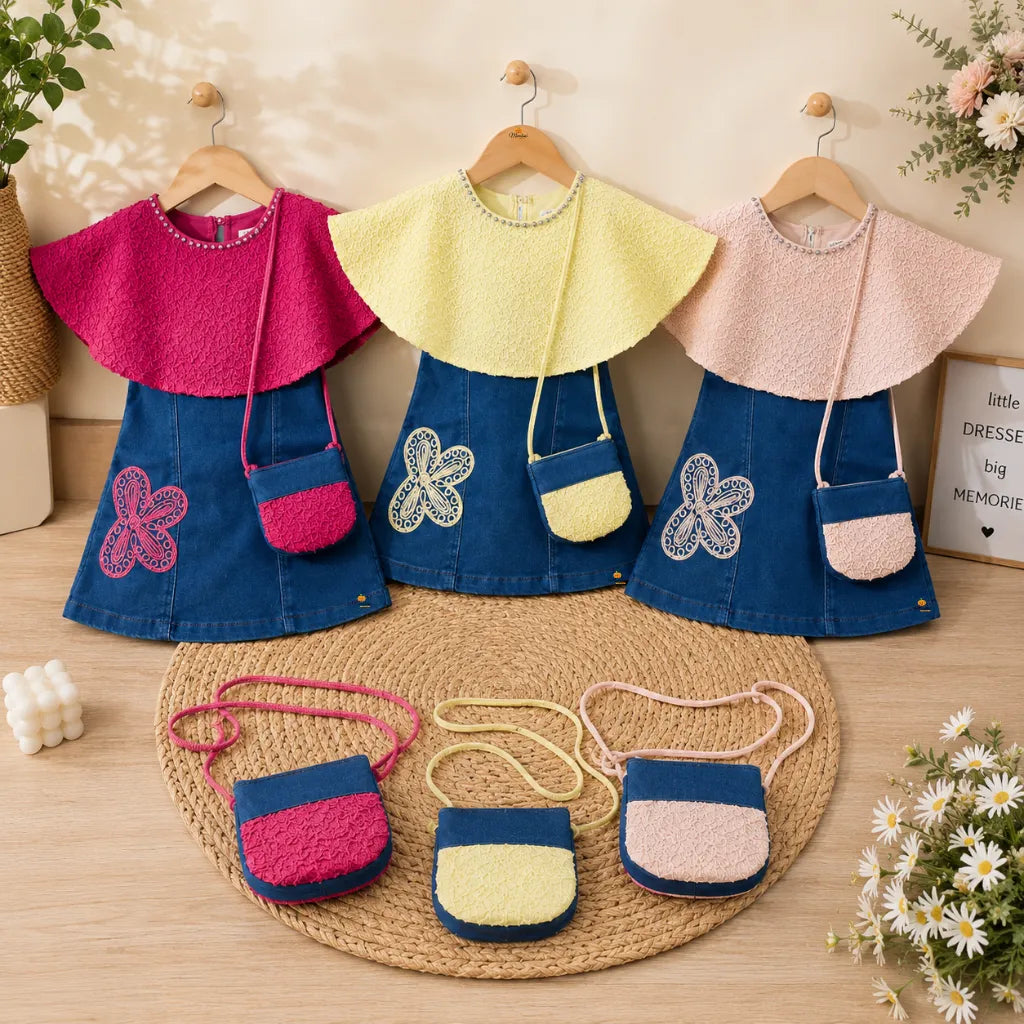 Girls Denim Butterfly Dress with Matching Sling Bag