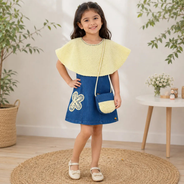 Girls Denim Butterfly Dress with Matching Sling Bag