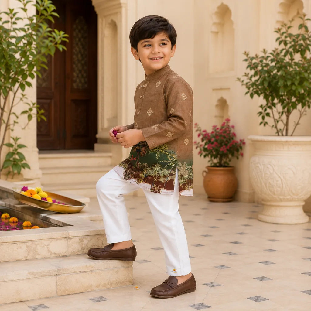 Boys Designer Tropical Print Kurta Pajama Set
