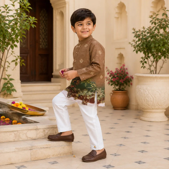 Boys Designer Tropical Print Kurta Pajama Set