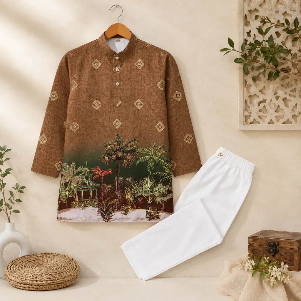 Boys Designer Tropical Print Kurta Pajama Set