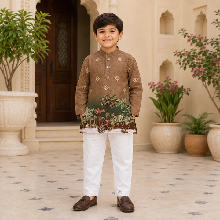 Boys Designer Tropical Print Kurta Pajama Set