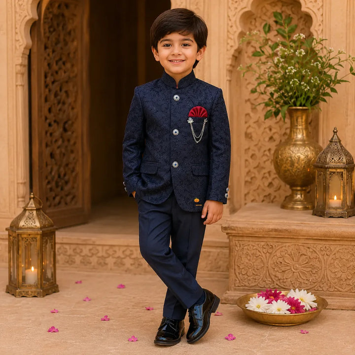 Embroidered Navy Blue Jodhpuri Suit for Boys