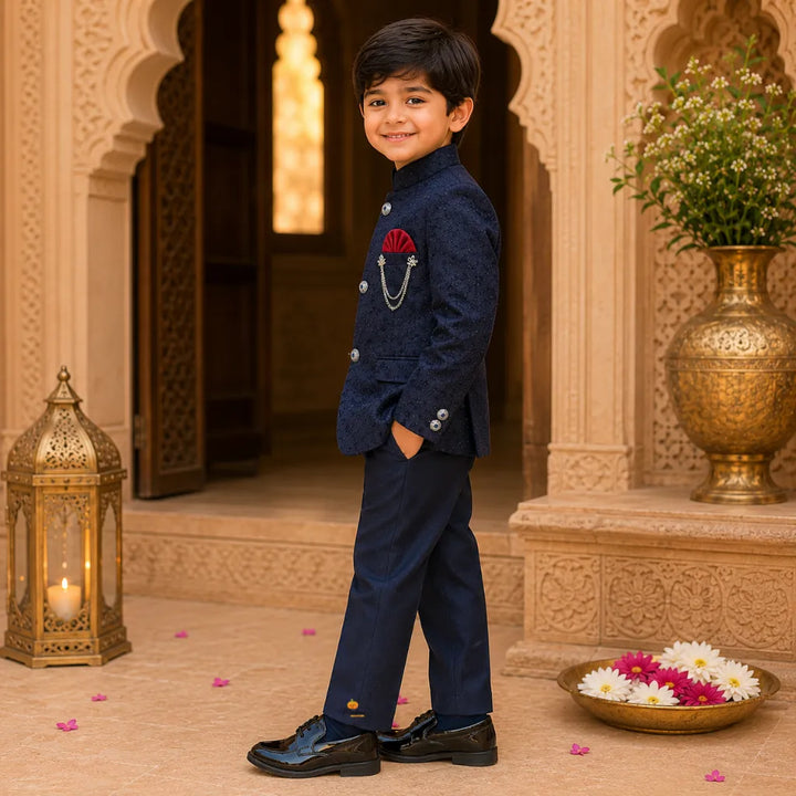 Embroidered Navy Blue Jodhpuri Suit for Boys